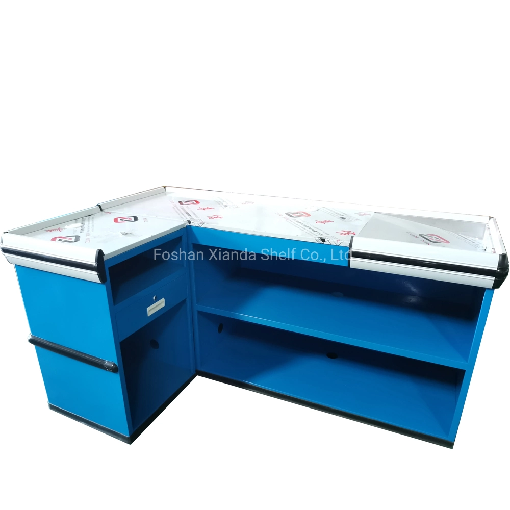 Checkout with Conveyor Belt Commercial Desk Cash Counter for Supermarket